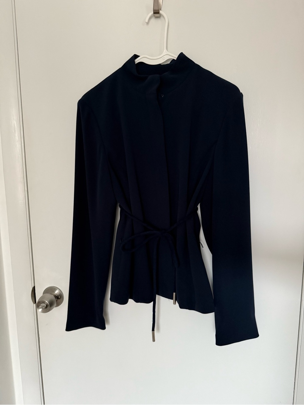 Vintage David Warren Navy High Neck Long Sleeve Blouse With Waist Tie